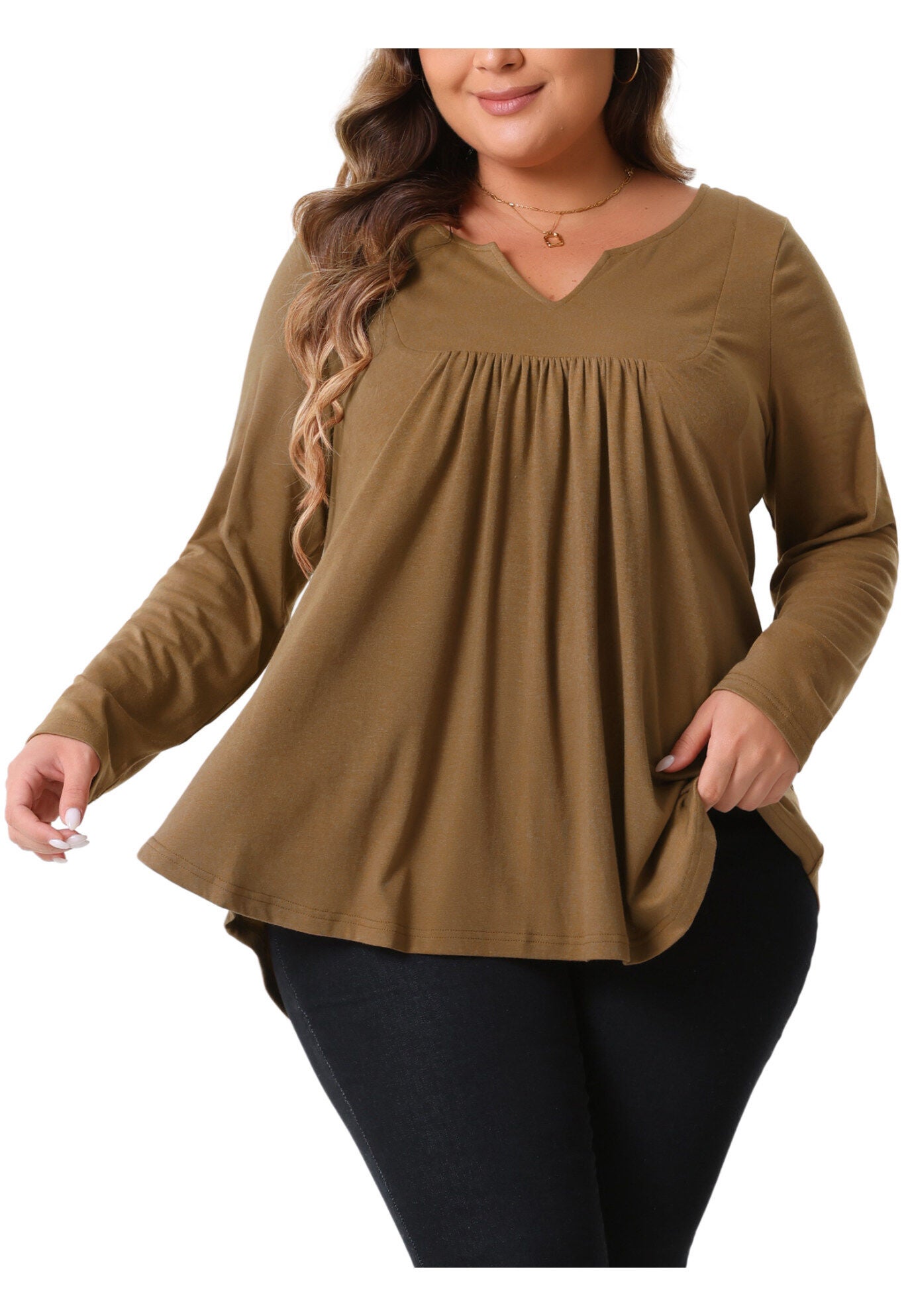 Notched Neck Long Sleeve Front Pleated Blouse, Brown / Brown, alternate image number 2