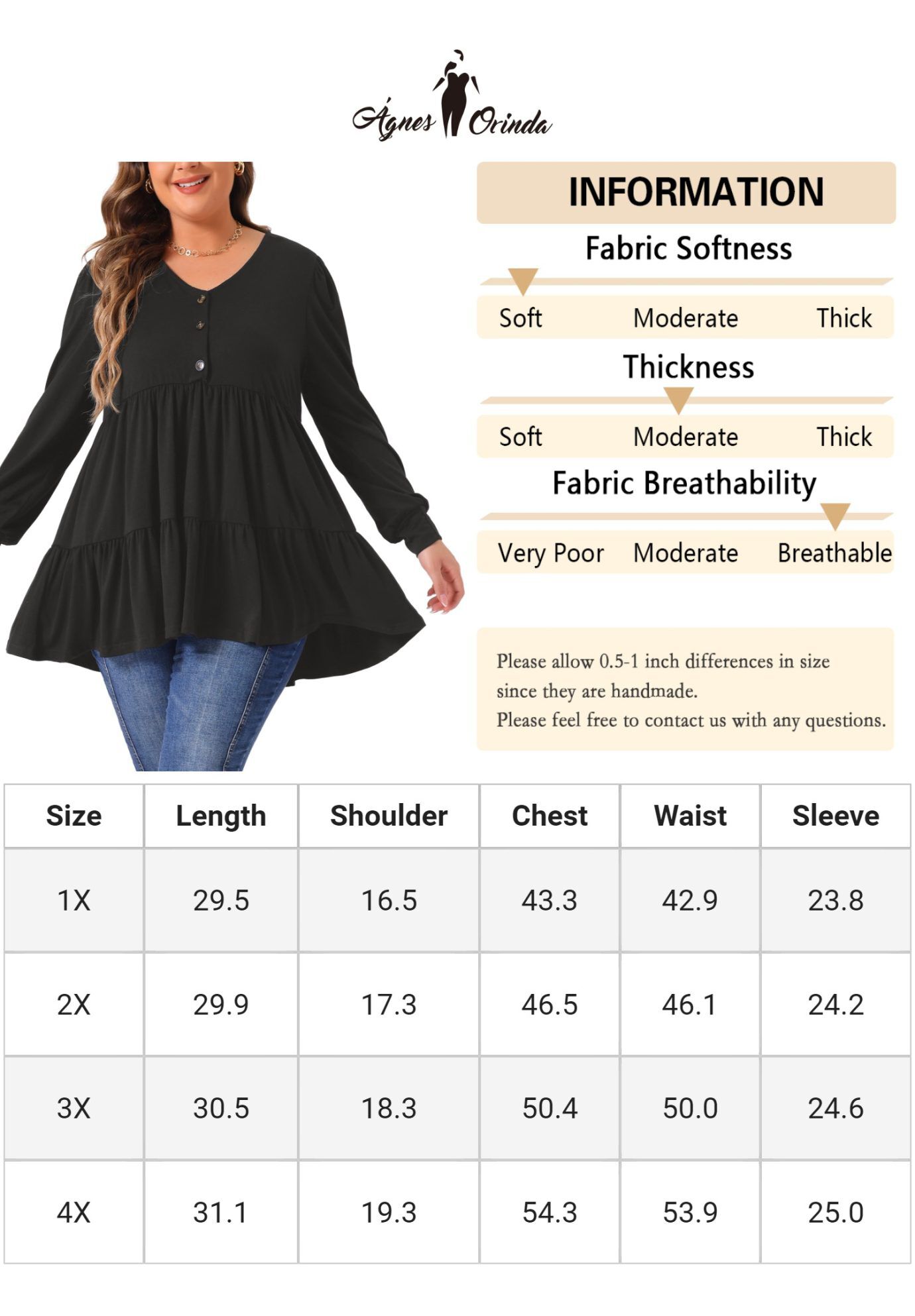 V Neck Long Sleeve Button Up Peplum Tunic Babydoll Top, Black / Black, alternate image number 4