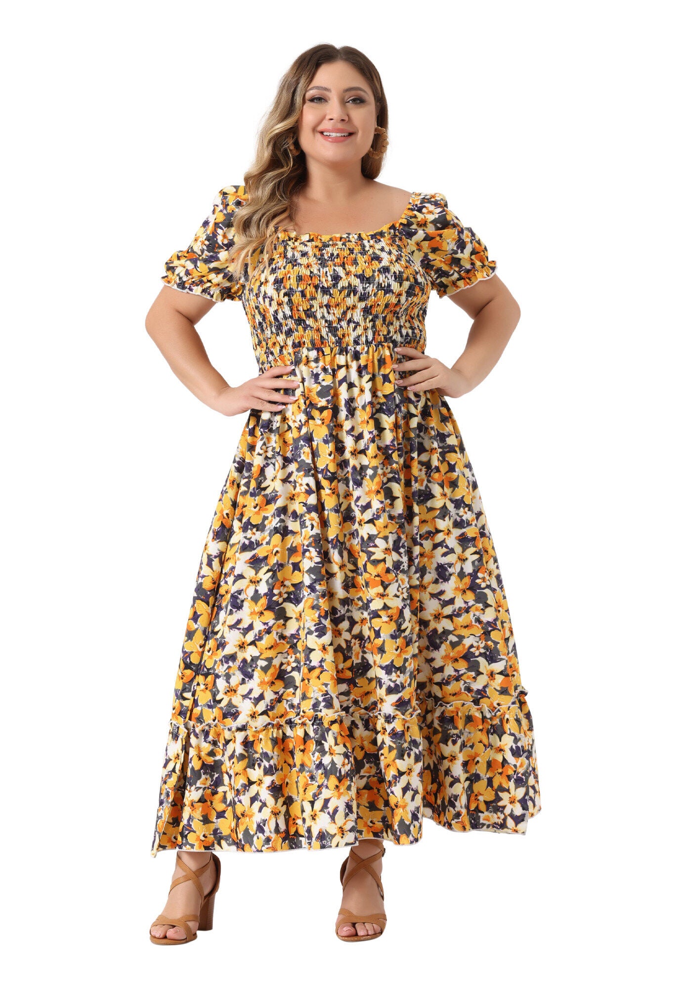 Short Sleeve Shirred Square Neck Floral Maxi Dress, Yellow / Yellow, hi-res image number 0