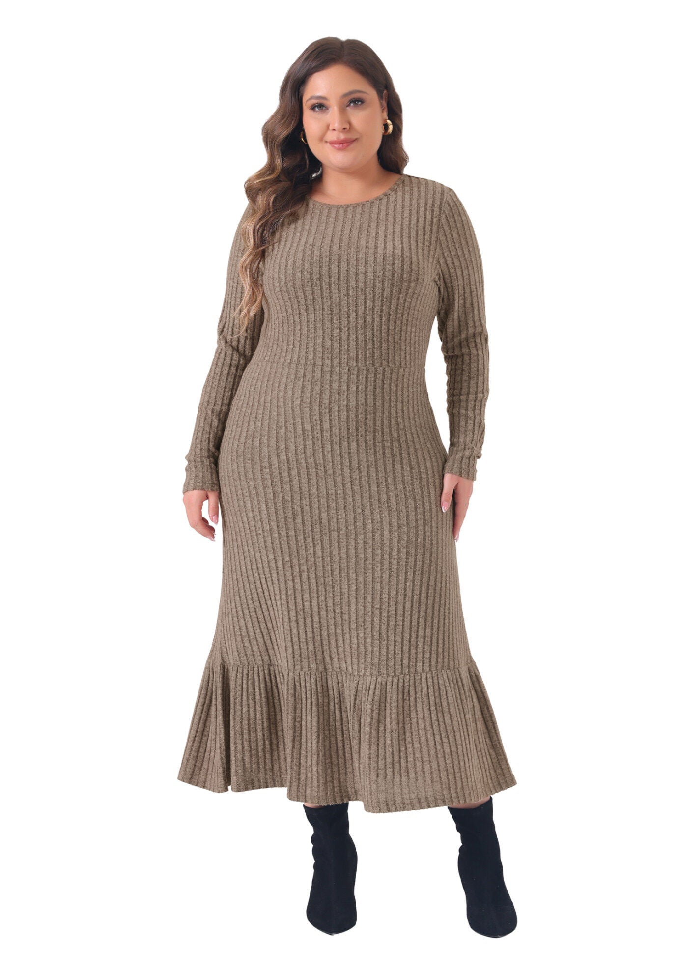 Ribbed Knit Long Sleeve Crew Neck Ruffled Hem Midi Dress, Khaki / Brown, hi-res image number 0
