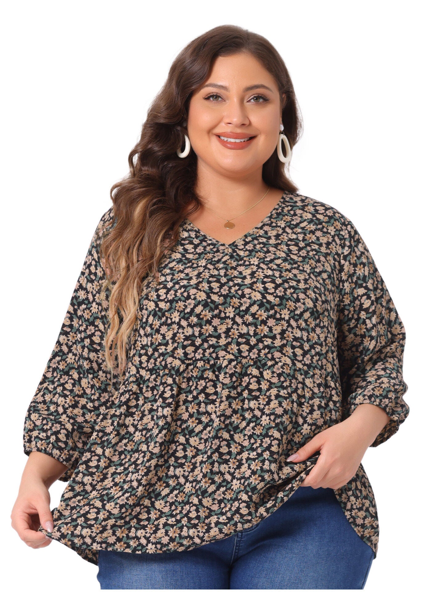 V Neck Babydoll Flowy 3/4 Lantern Sleeve Floral Blouse, Black Orange / Black, alternate image number 2