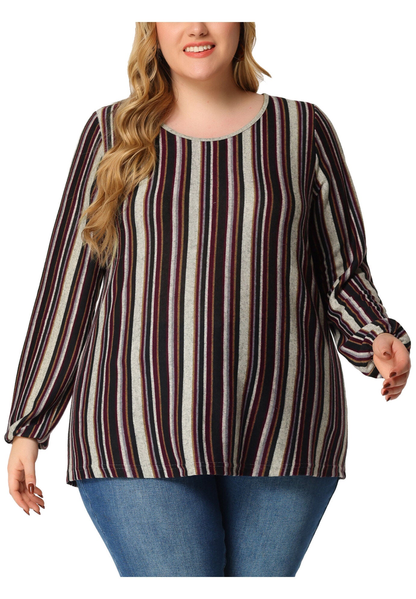Boho Color Block Elastic Cuff Long Sleeve Striped Top, Multicolor B / Brown, alternate image number 3