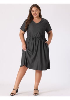 V Neck Short Sleeve A Line Flowy Midi Chambray Dress