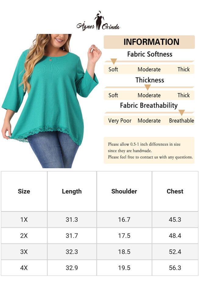 Waffle 3/4 Sleeve Lace Panel Loose High Low Hem Blouse Top, Blue Green / Turquoise, alternate image number null