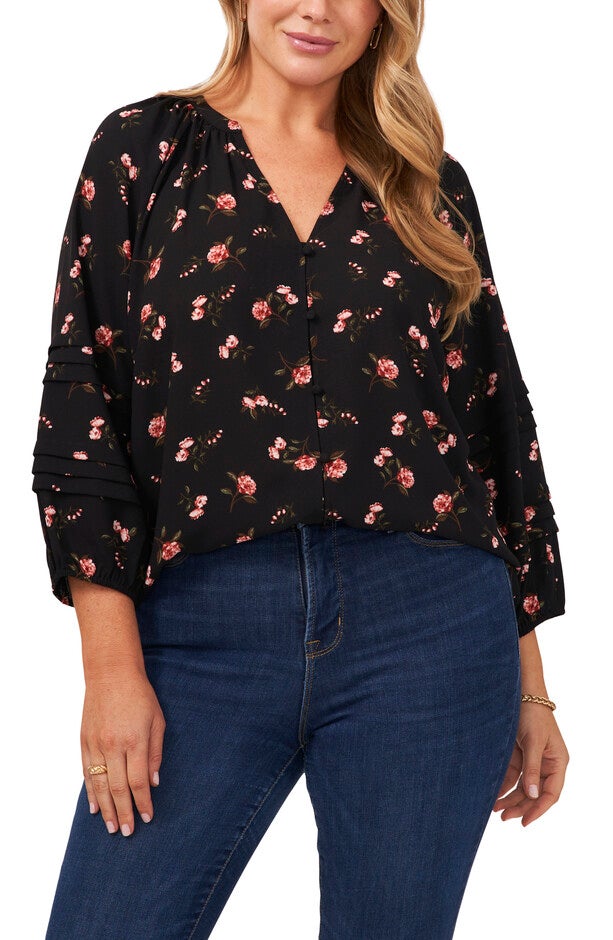 PINTUCK DETAIL SLV BUTTON FRONT TOP, ROMANTIC BLOOMS / Black, hi-res image number 0