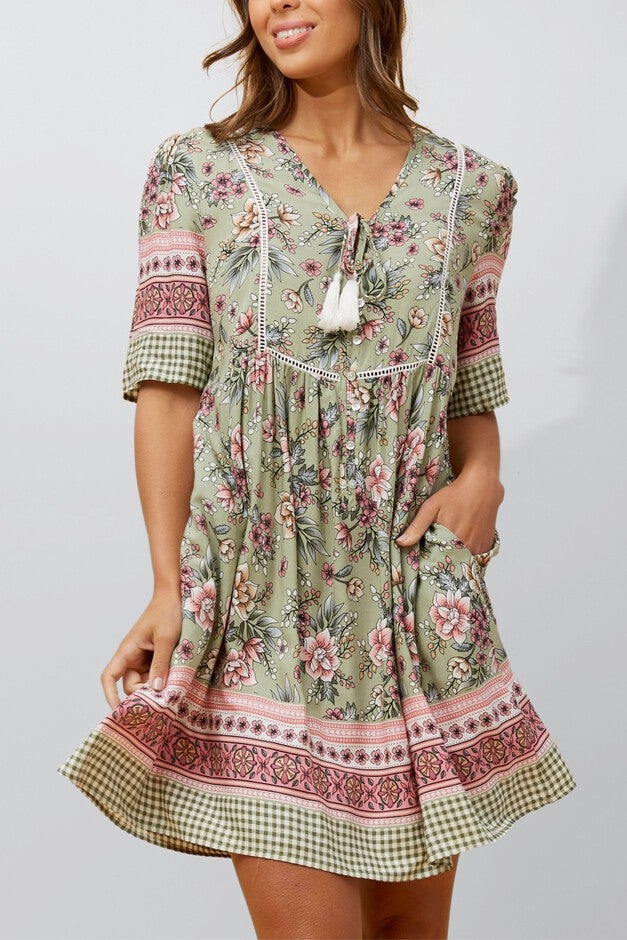 Gloria Short Dress A-Line Floral Print Green, Green / Sage Green, alternate image number 2
