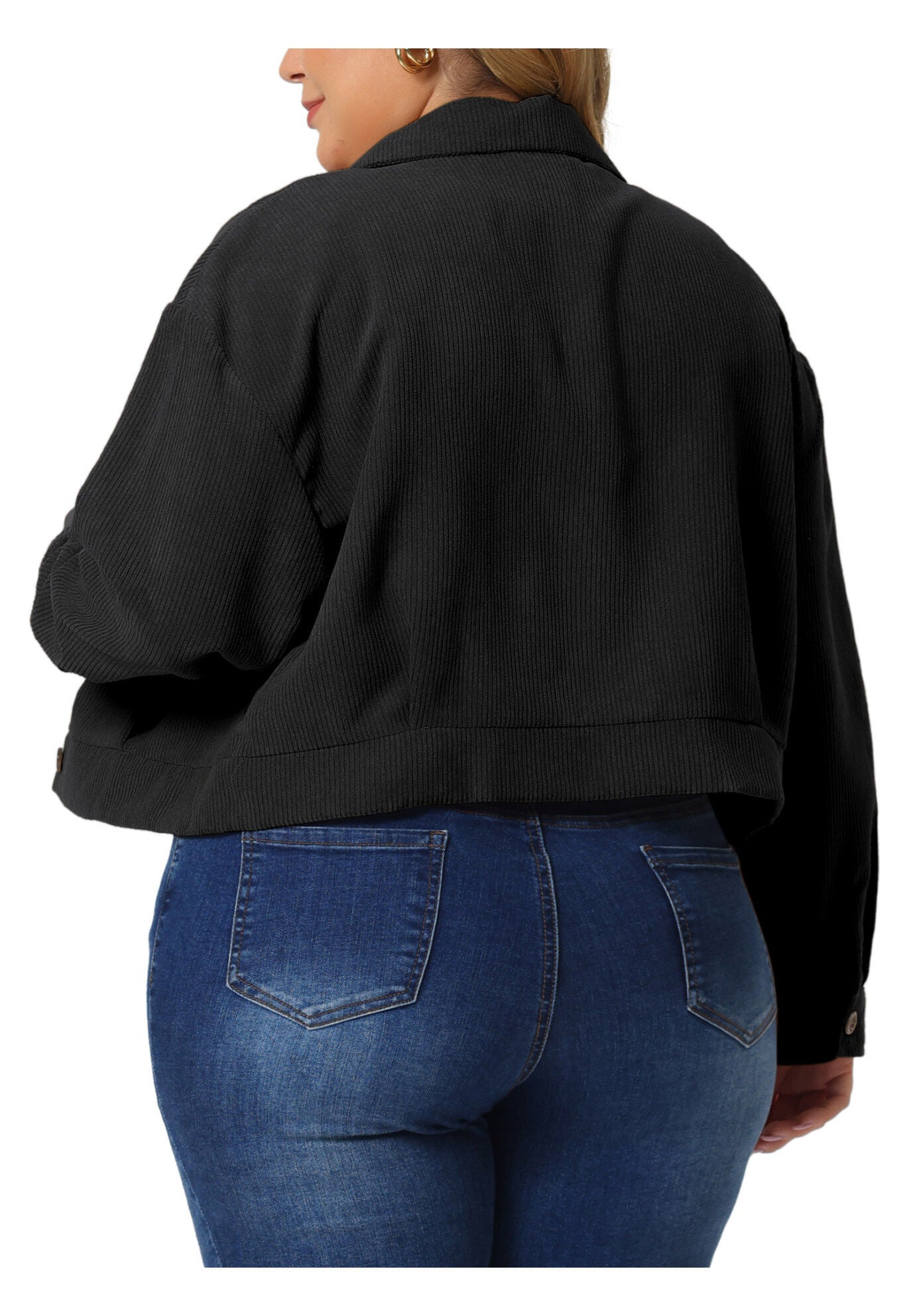 CORDUROY CROPPED BUTTON DOWN LONG SLEEVE SHIRT SHACKET JACKET, Black / Black, alternate image number 3