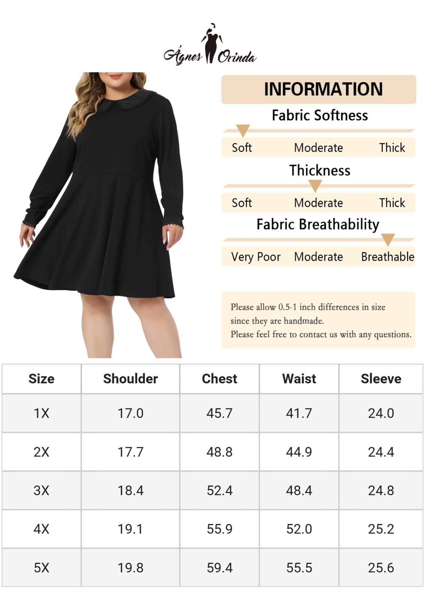 LONG SLEEVE DOLL PETER PAN COLLAR FLARE MIDI DRESS, Dark Black / Black, alternate image number 4