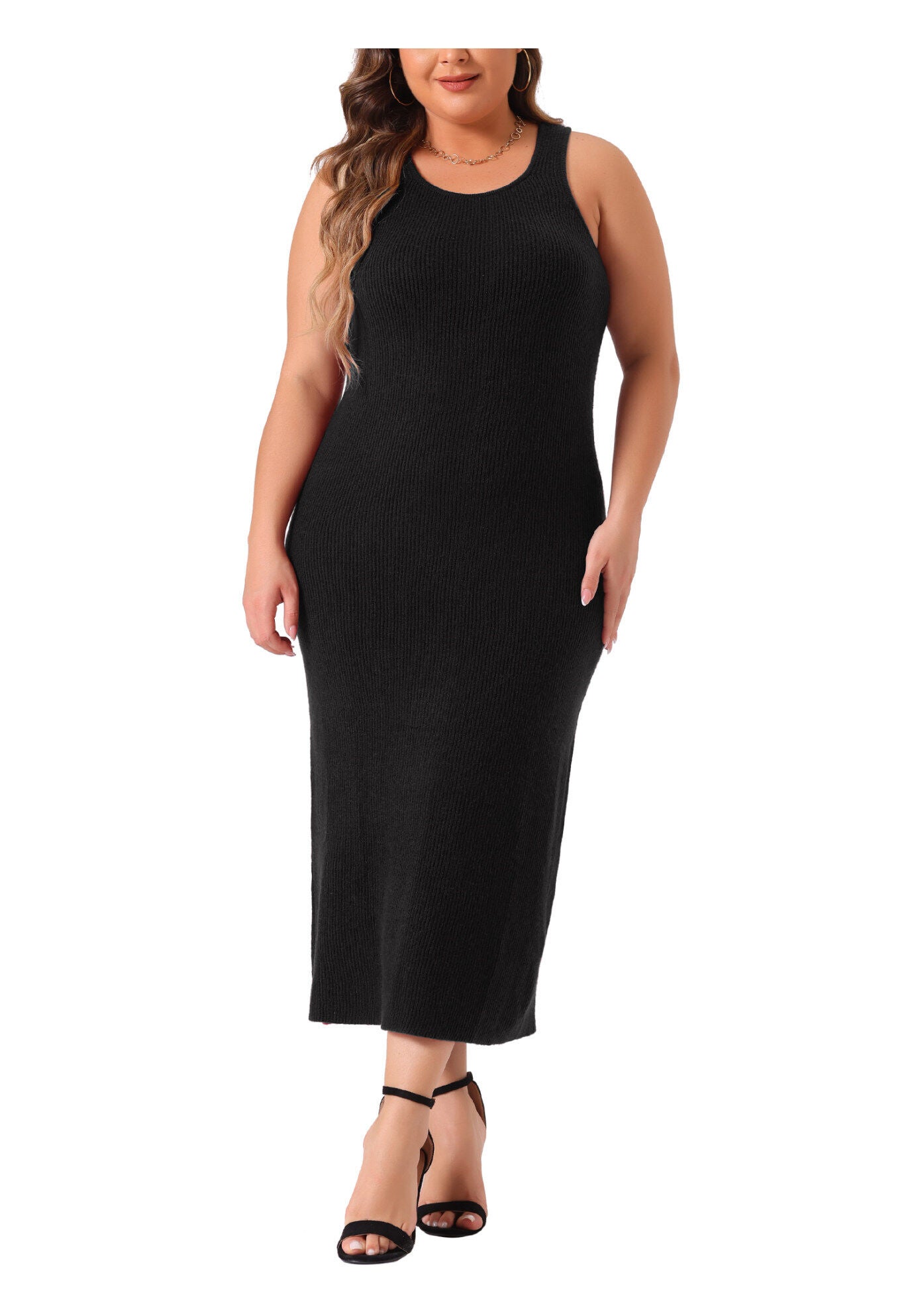 Crew Neck Sleeveless Knit Bodycon Midi Sweater Tank Dress, Black / Black, alternate image number 2