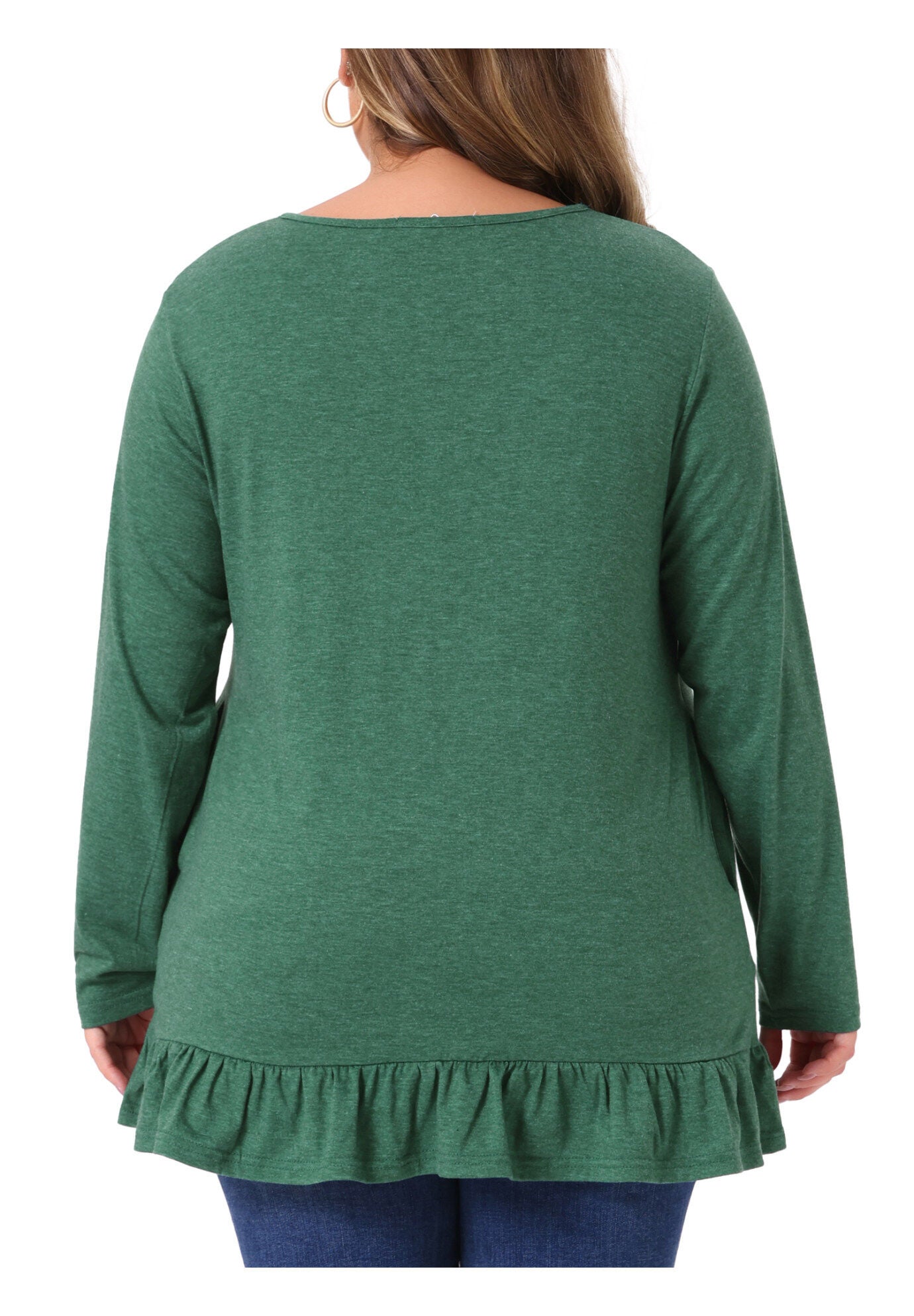 Crew Neck Ruffled Hem Flowy Blouses with Pockets, Green / Light Green, alternate image number 3