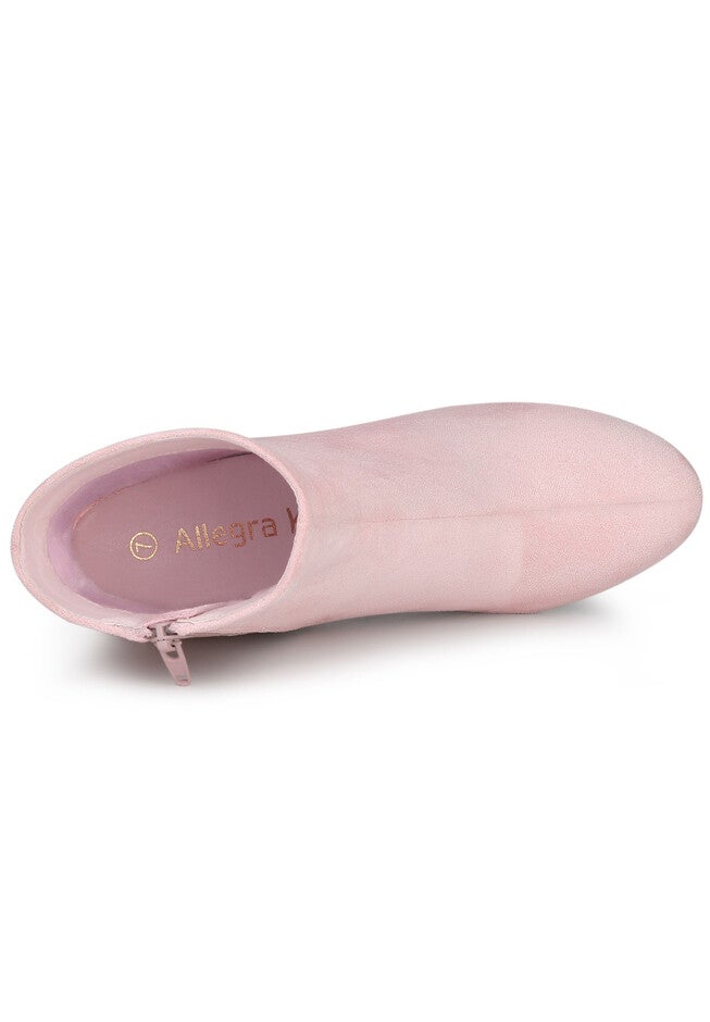 ROUND TOE SIDE ZIPPER BLOCK HEEL ANKLE BOOTS, Pink / Pink, alternate image number 3