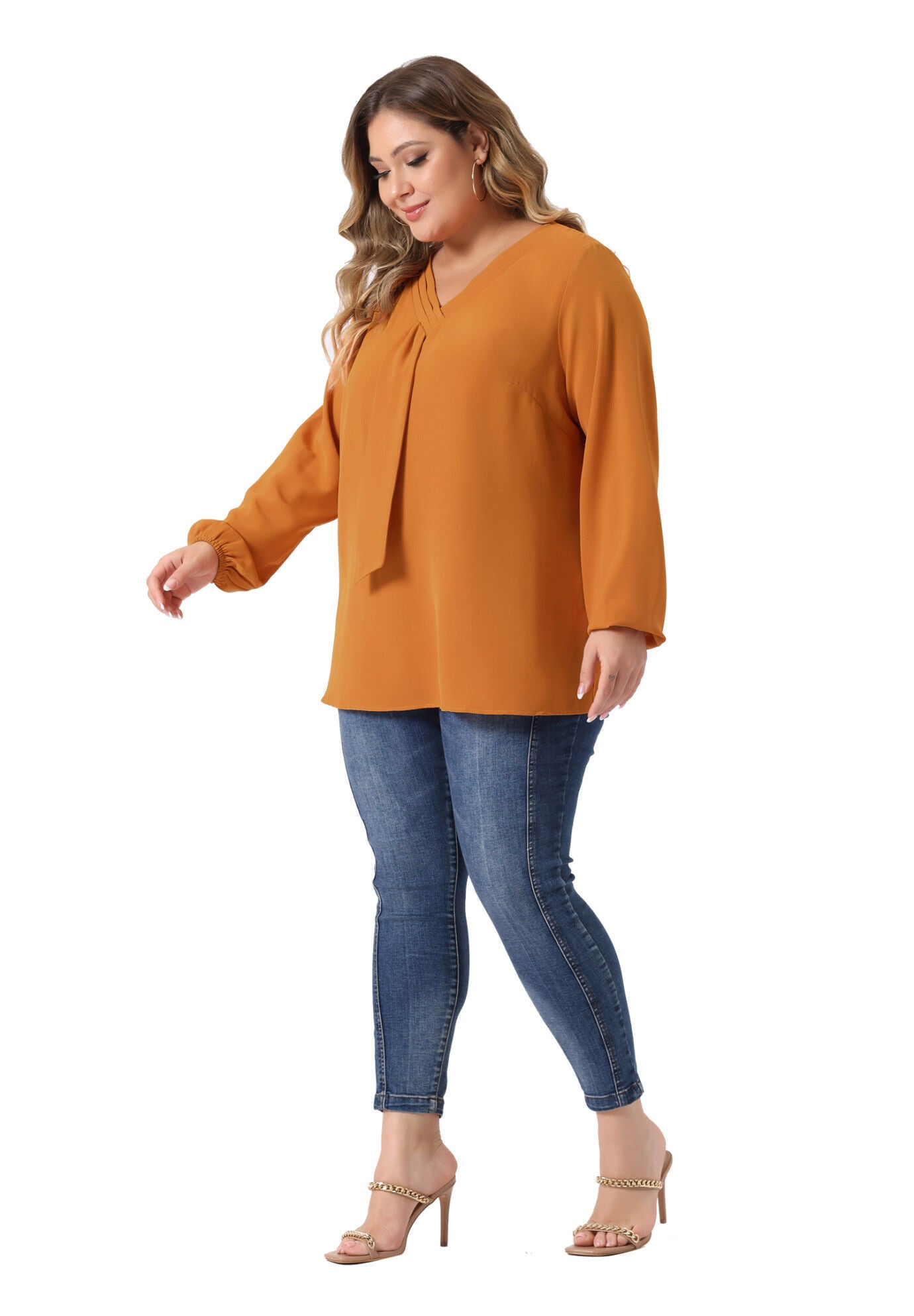 V Neck Long Sleeve Ruffle Tie Front Office Work Chiffon Blouse Top, Orange / Orange, hi-res image number 0