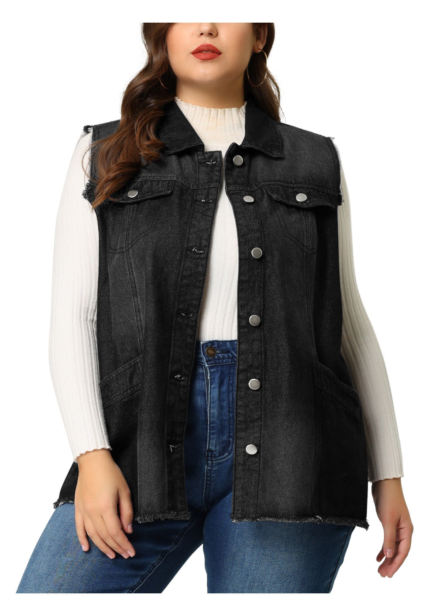 BUTTON FRONT LAPEL FRAYED WASHED SLEEVELESS LONG DENIM VEST, Black / Black, alternate image number 2