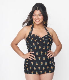 UNIQUE VINTAGE BLACK & PINEAPPLE PRINT CORINNE SHEATH SWIMSUIT