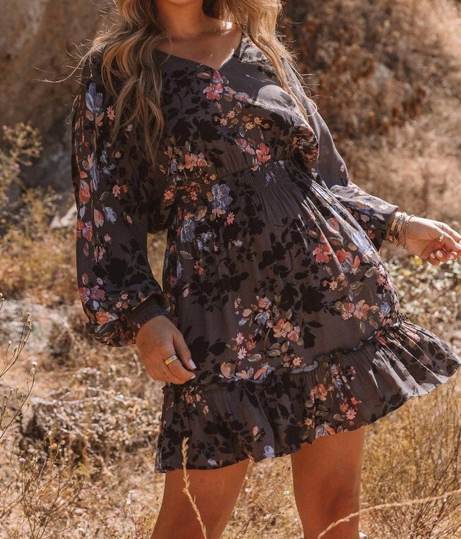 FLORAL DOLMAN SLEEVE SMOCKED V NECK MINI DRESS IN GREY/ DUSTY BLUE, Grey Dusty Blue / Black, alternate image number null