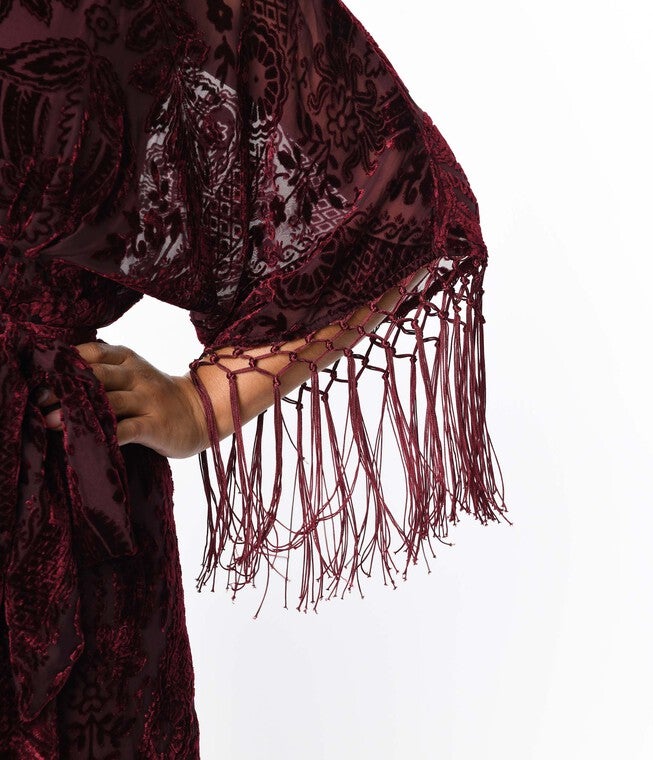 Unique Vintage Burgundy Velvet Floral Burnout Wrap Midi Dress, Burgundy Floral / Burgundy, alternate image number null