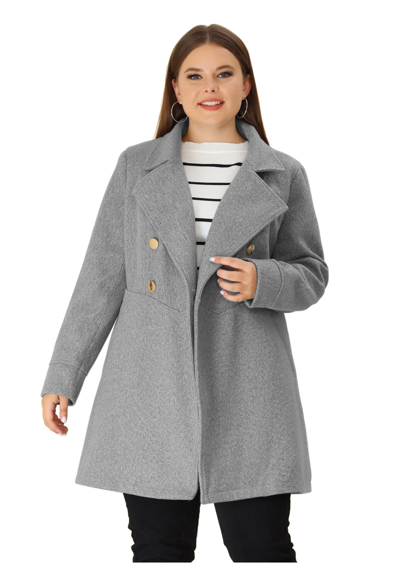 A-Line Peter Pan Collar Double Breasted Peacoat, Grey / Light Grey, alternate image number 2