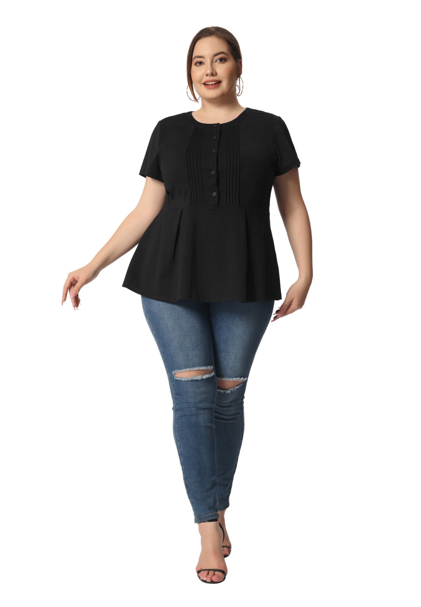 Round Neck Short Sleeve Shirt Blouse Peplum Top, Black / Black, hi-res image number 0