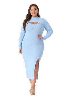 Round Neck Cut Out Front Knee Slim Split Hem Bodycon Dress
