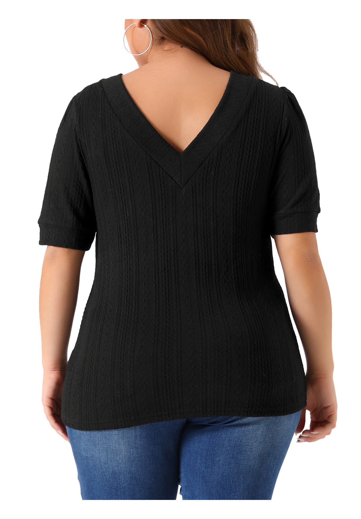 DEEP V NECK SHORT SLEEVE T-SHIRT CASUAL TOP, Black / Black, alternate image number 3