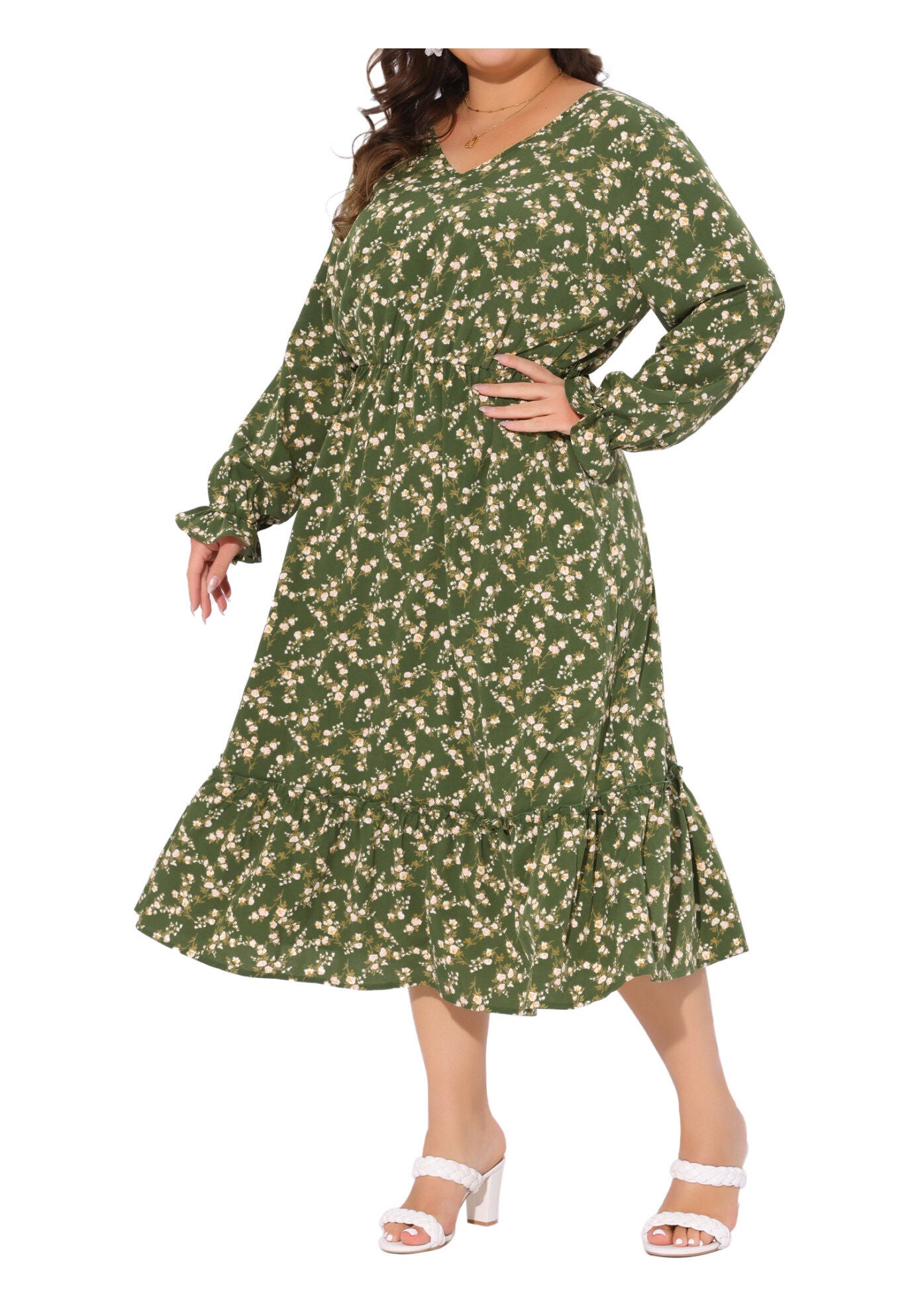 Boho Floral Print V Neck Long Sleeve Ruffle Hem Long Maxi Dress, Olive Green / Olive Green, alternate image number 1