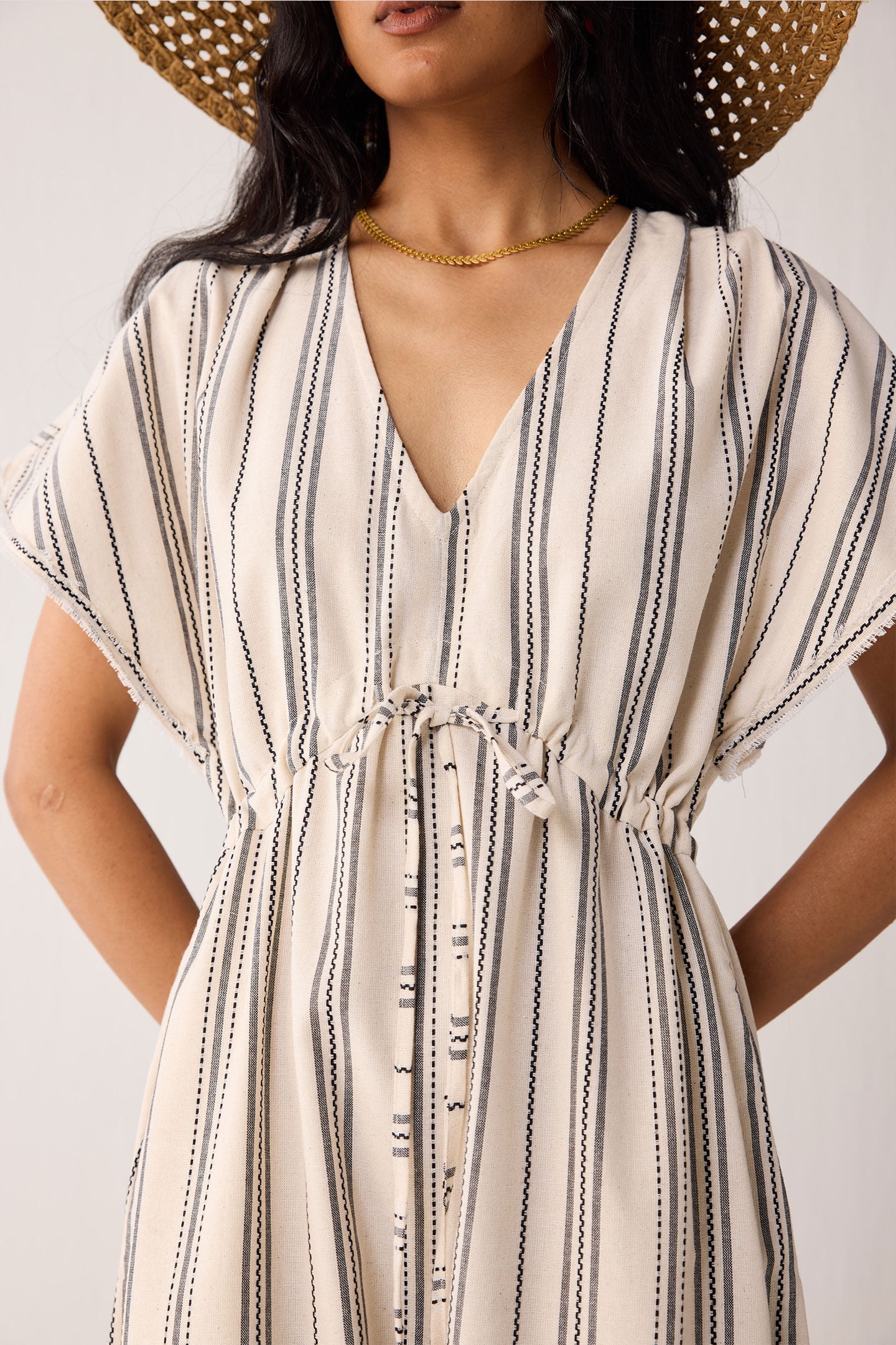 Maxi Gathered Dress with Side Slits in Stripes, Linear Canvas / Cream, alternate image number 3