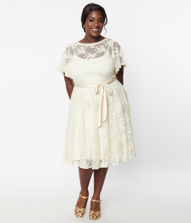 Unique Vintage Ivory Floral Lace Bridal Swing Dress, White / Ivory, hi-res image number null