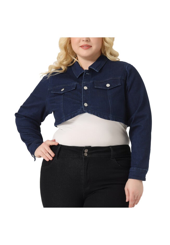 WASHED BUTTON JEAN CROP DENIM JACKET, Black Blue / Navy, alternate image number 1