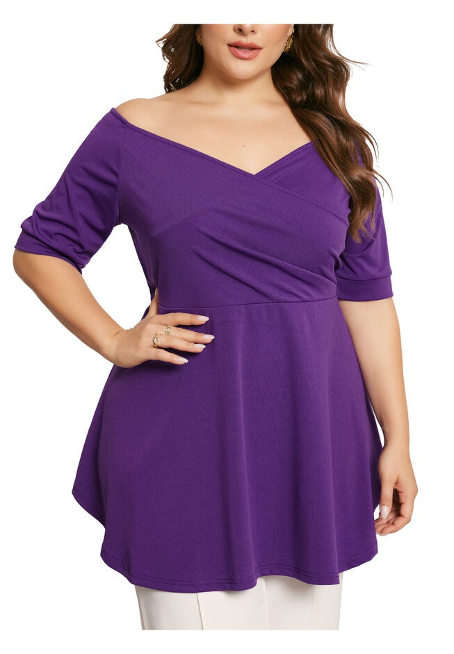 V NECK SHORT SLEEVE RUCHED PEPLUM BLOUSE TOP, Purple / Purple, alternate image number 2