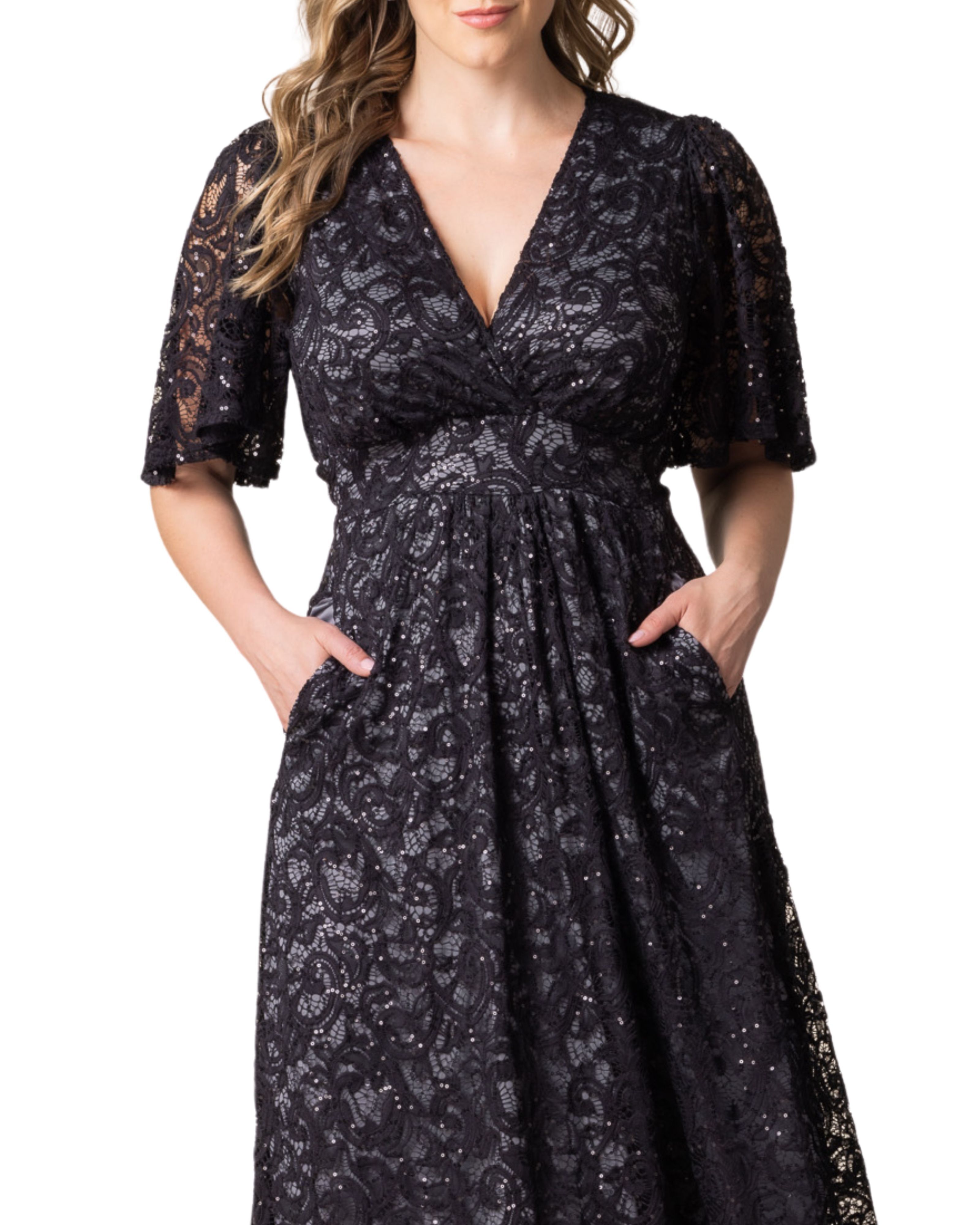 Luminous Sequin Lace Long Gown, STORM GREY / Black, alternate image number 2