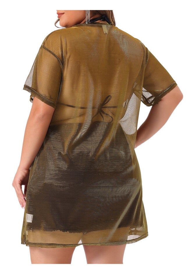 Sheer Mesh Top See Through Holographic Long Tee, Gold / Gold, alternate image number 3