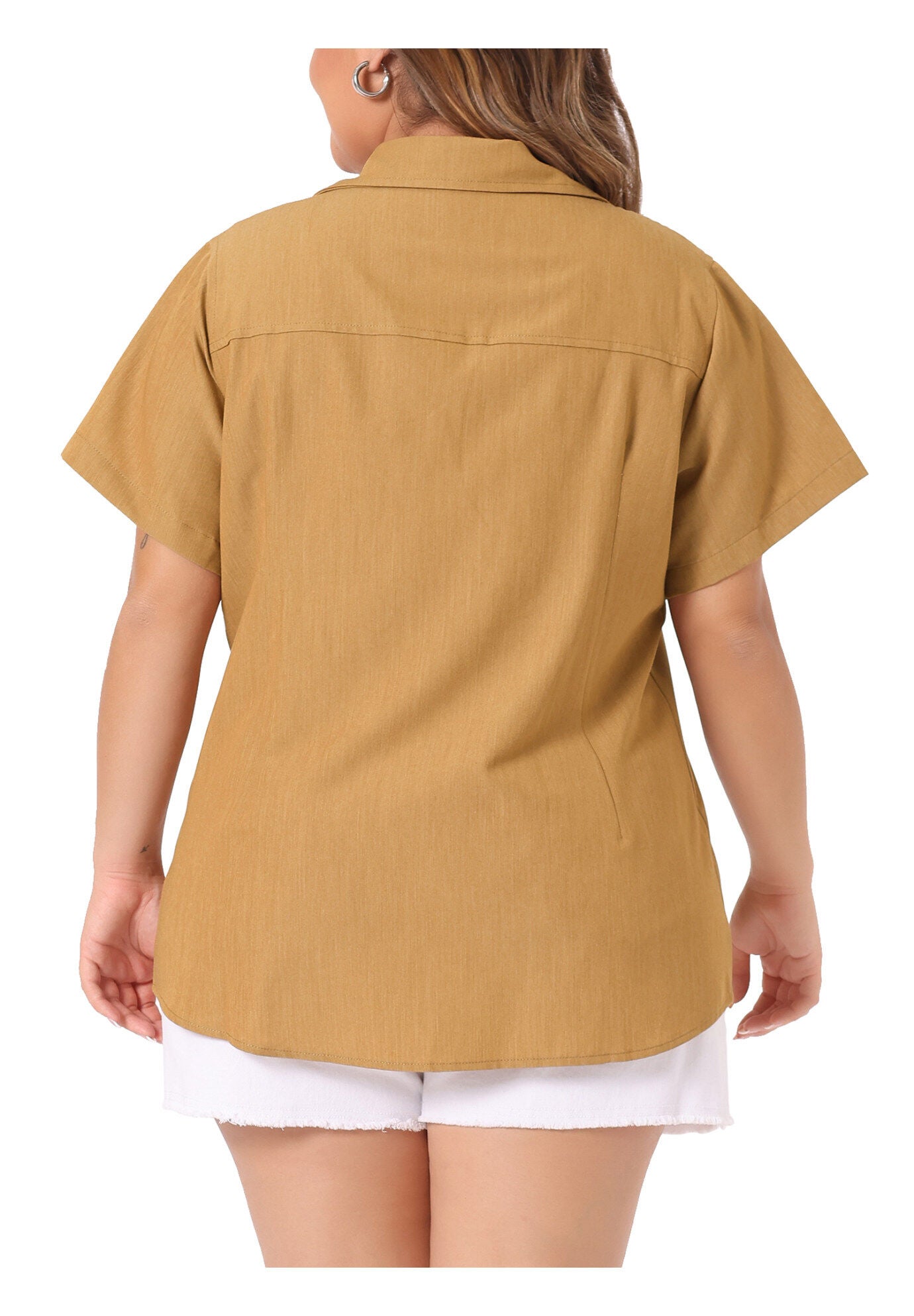 Short Sleeve Chambray Button Down Denim Shirt, Light Brown / Brown, alternate image number 3