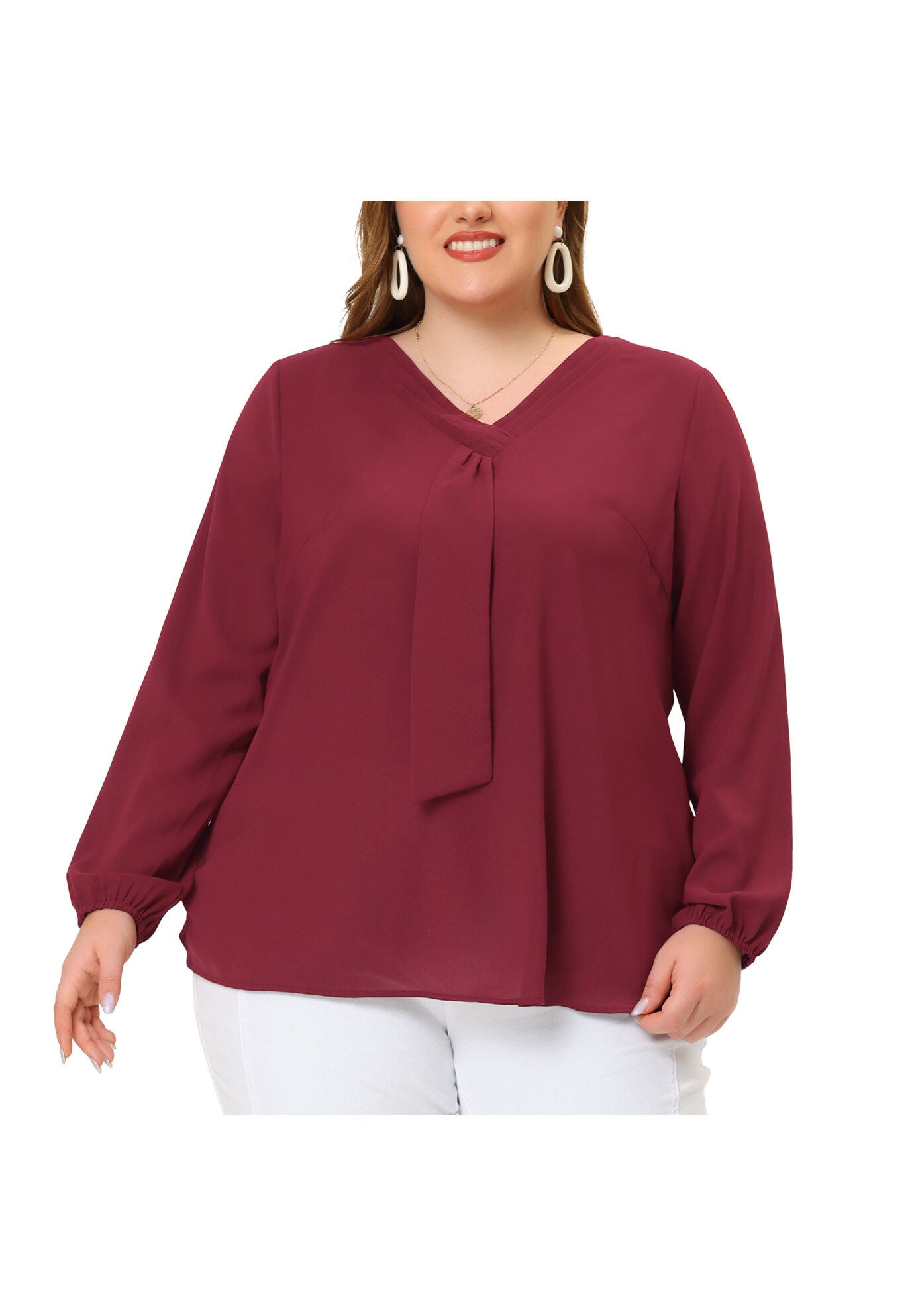 V Neck Long Sleeve Ruffle Tie Front Office Work Chiffon Blouse Top, Burgundy / Burgundy, alternate image number 2