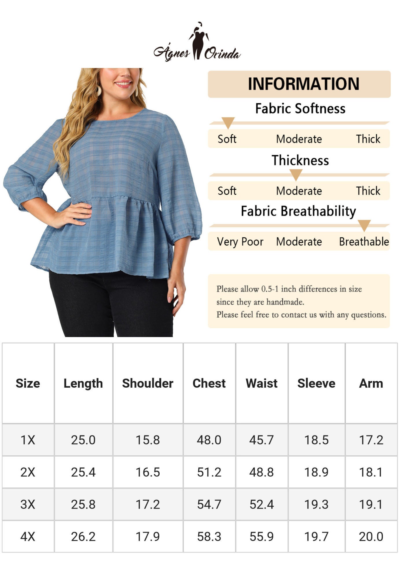 Babydoll Blouse Round Neck 3/4 Puff Sleeve Tiered Peplum Top, Blue / Dusty Blue, alternate image number 4