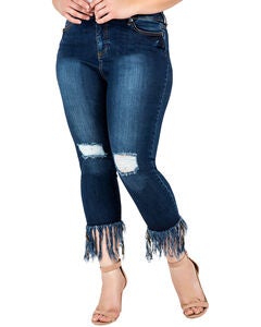 Plus Size Laura Fringe Frayed Hem Distressed Indigo Stretch Jeans