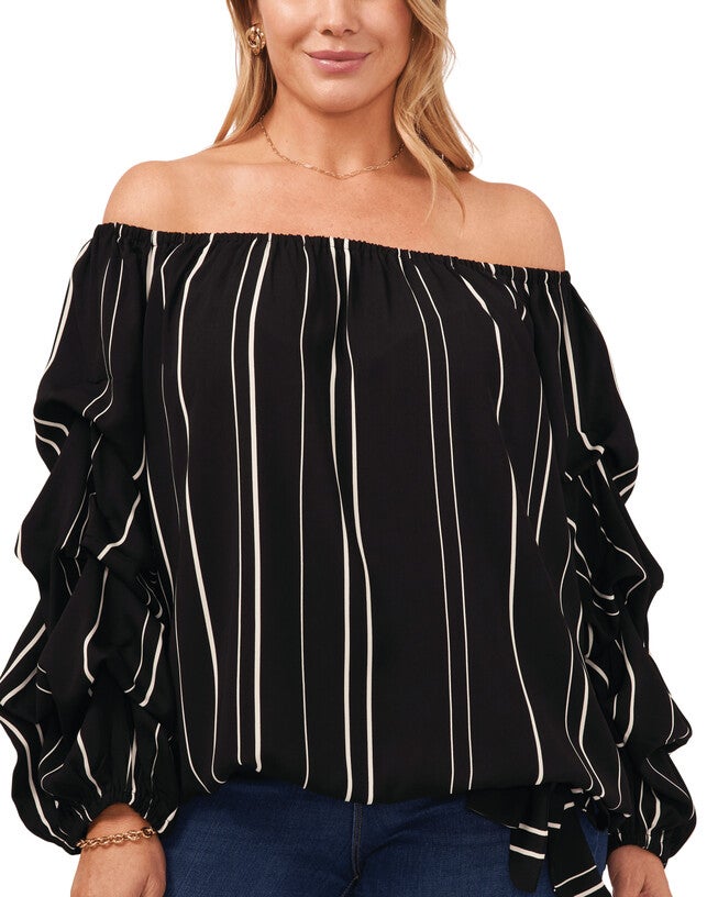 Marie Bubble Sleeve Stripe Blouse, 060RICH BLACK / Black, hi-res image number null