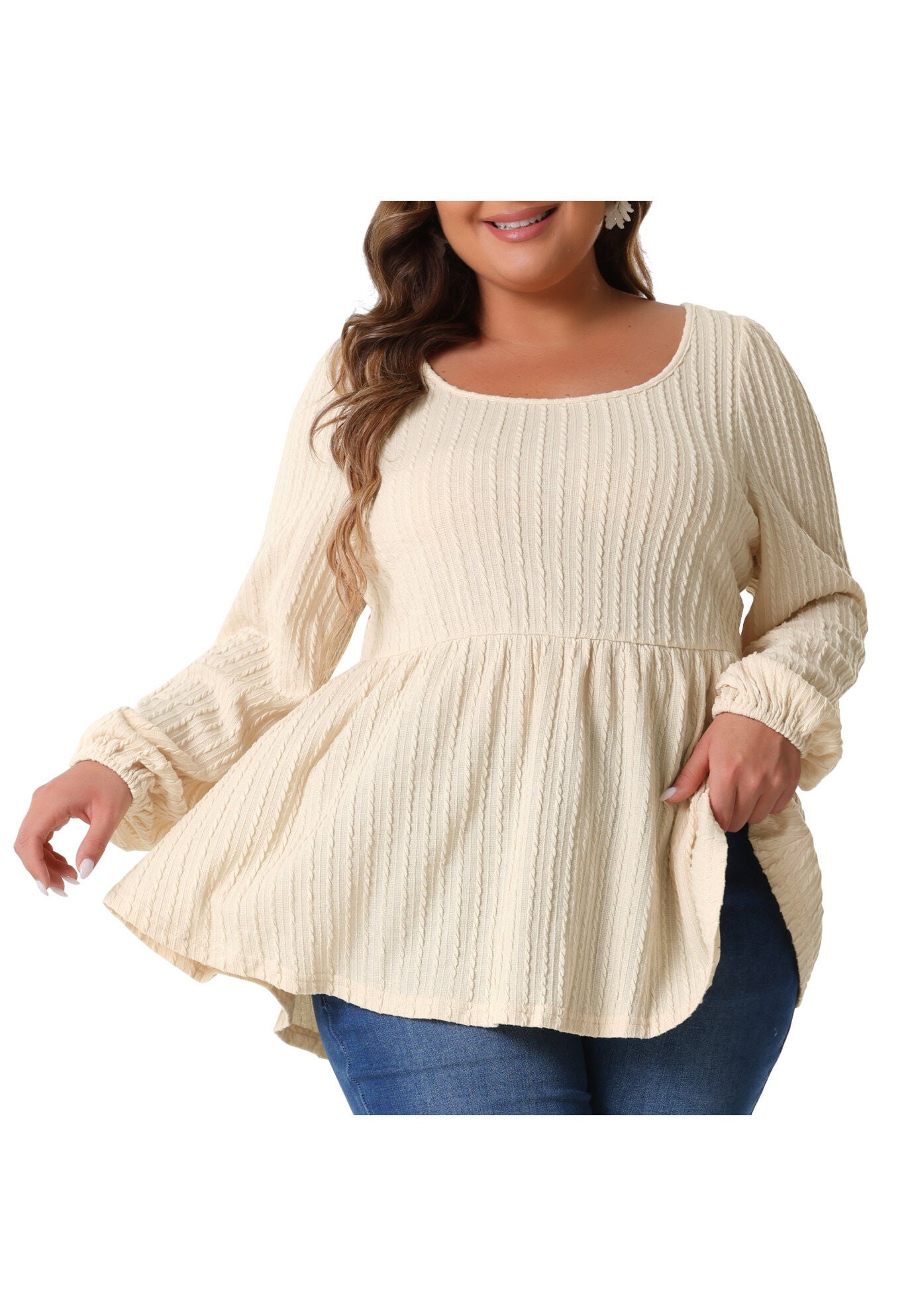 Scoop Neck Long Sleeve Ruffle Hem Peplum Knit Blouse, Beige / Beige, alternate image number 2