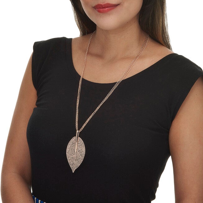 Goldtone Leaf Drop Necklace, 26 inch chain, plus 2 inch extension, Rose / Pink, alternate image number null