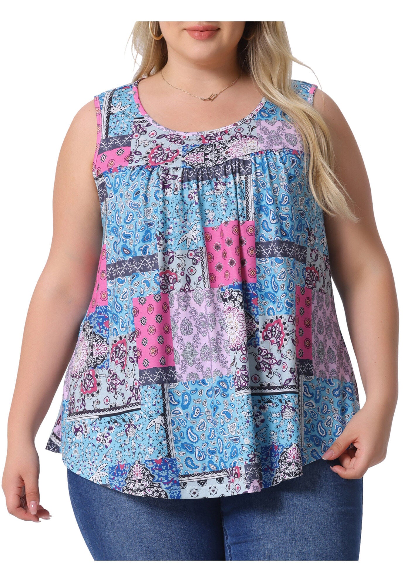 Round Neck Pleated Babydoll Boho Tank Tops, Blue / Light Blue, alternate image number 2