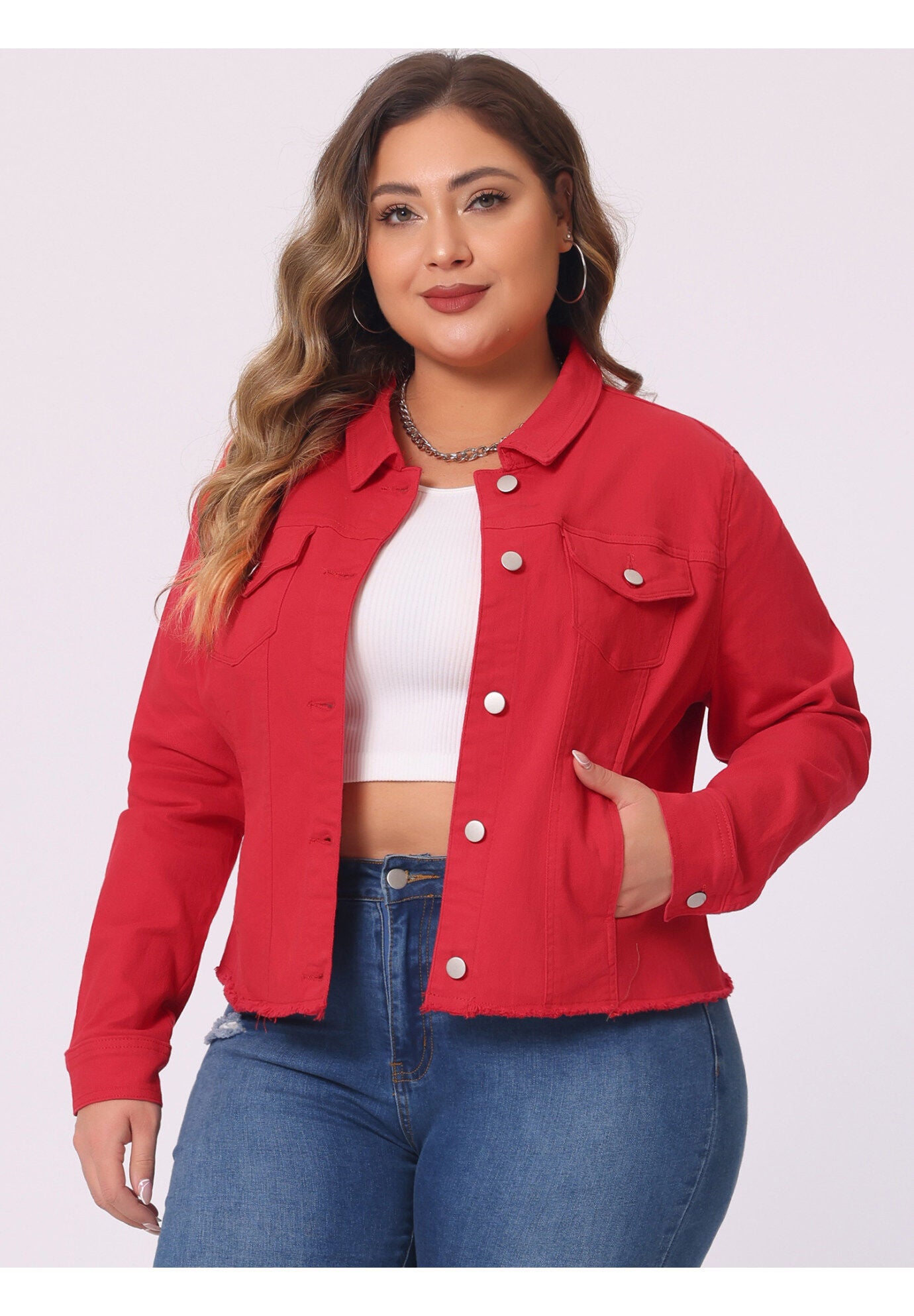 WASHED FRONT FRAYED DENIM JACKET, Red / Red, alternate image number 1