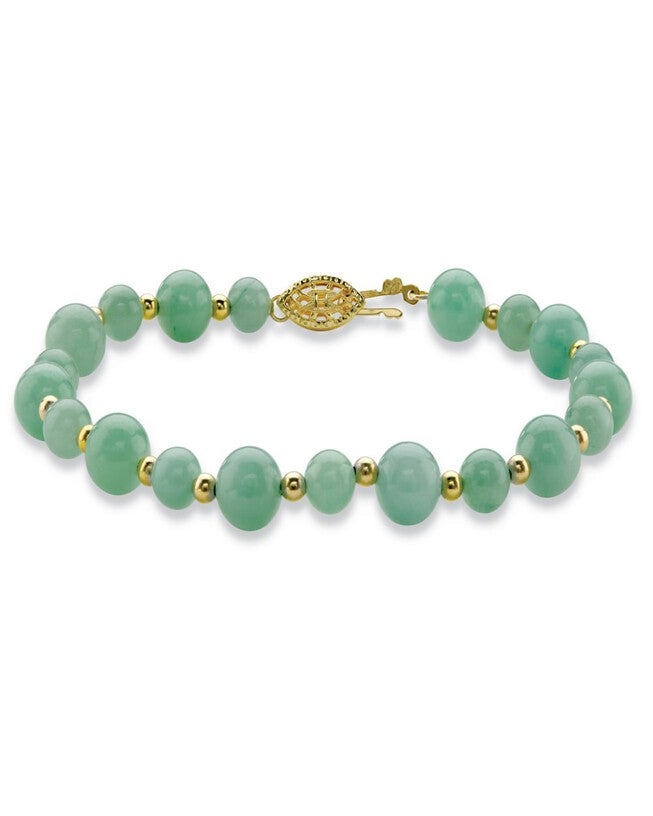 Genuine Green Jade 14k Gold-plated Sterling Silver Beaded Bracelet 8 inches, Green / Forest Green, hi-res image number 0