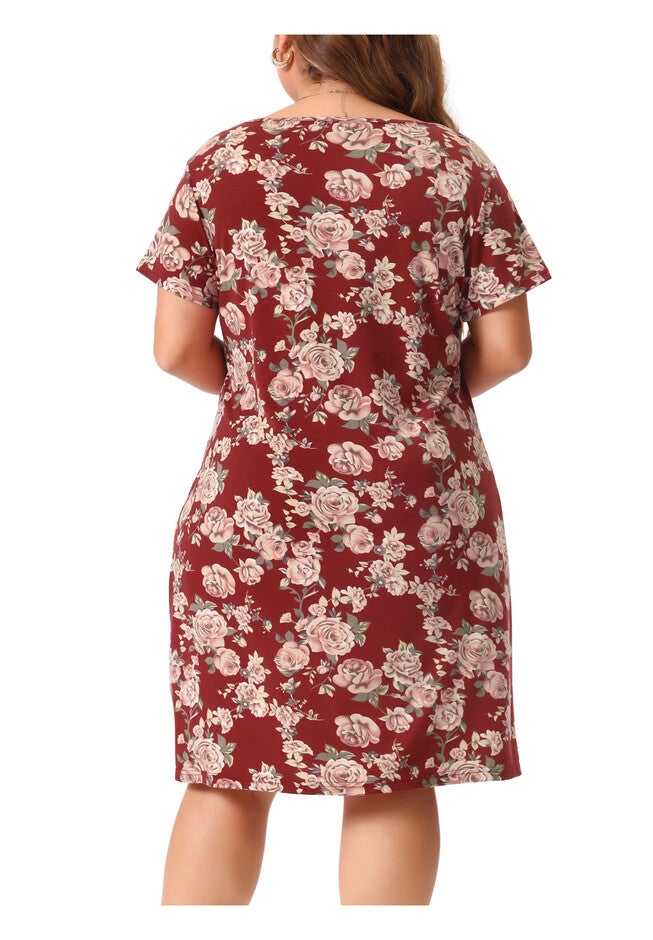 Short Sleeves Pleated Summer Beach Casual Loose Floral Dress, Burgundy / Red, alternate image number 2