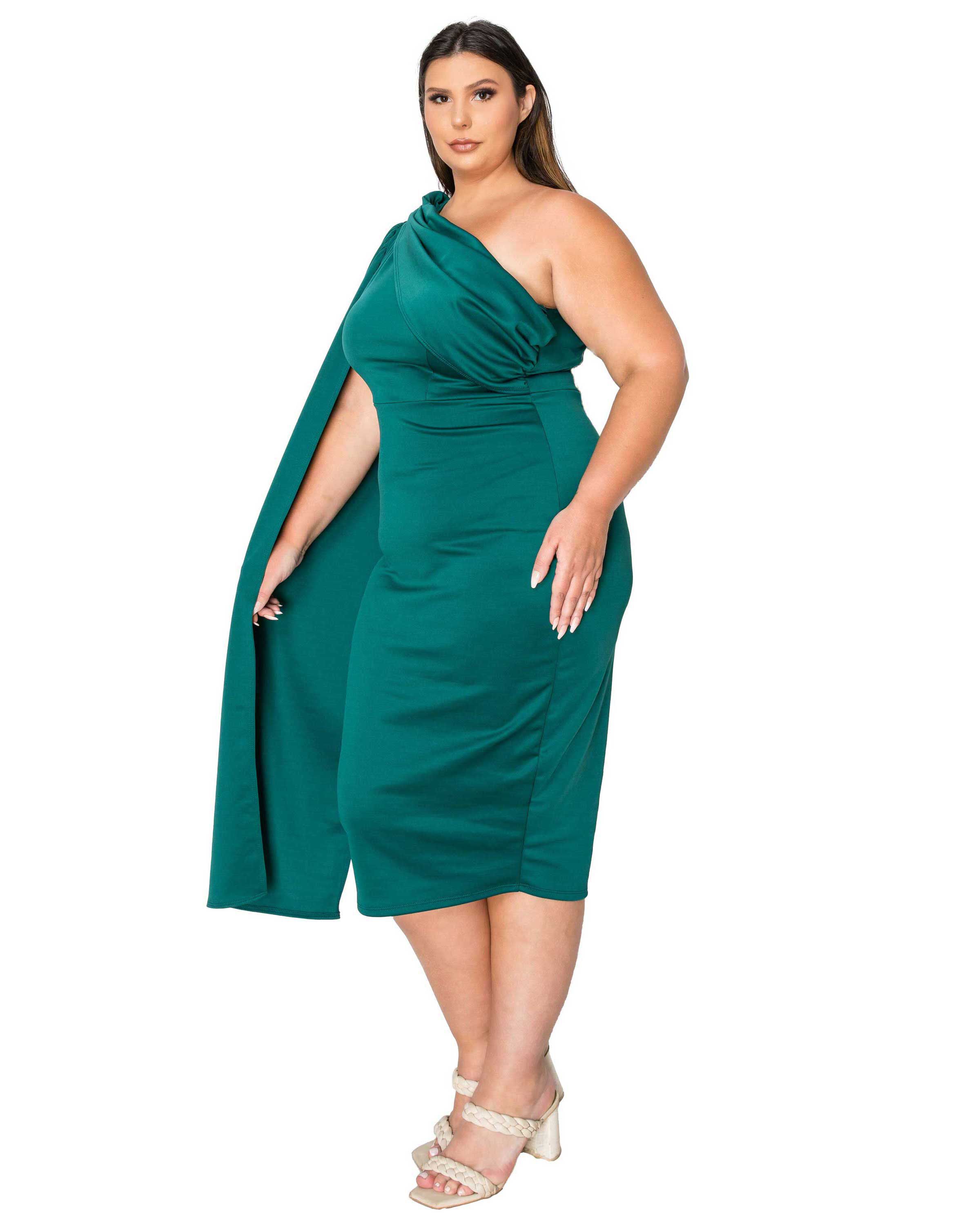 SPADE ONE SHOULDER CAPE DRESS, Emerald / Forest Green, alternate image number 1