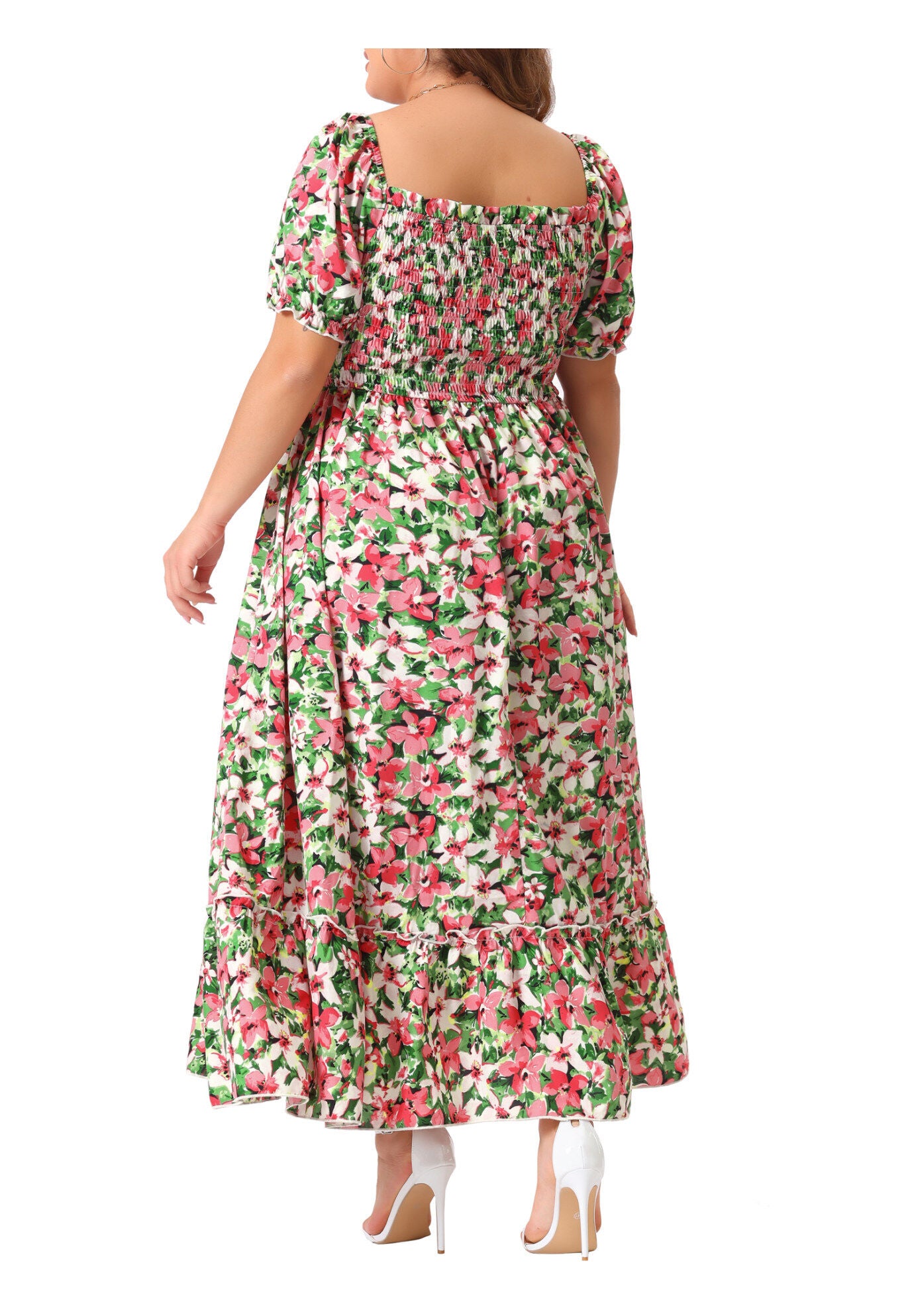 Short Sleeve Shirred Square Neck Floral Maxi Dress, Pink Green / Pink, alternate image number 3
