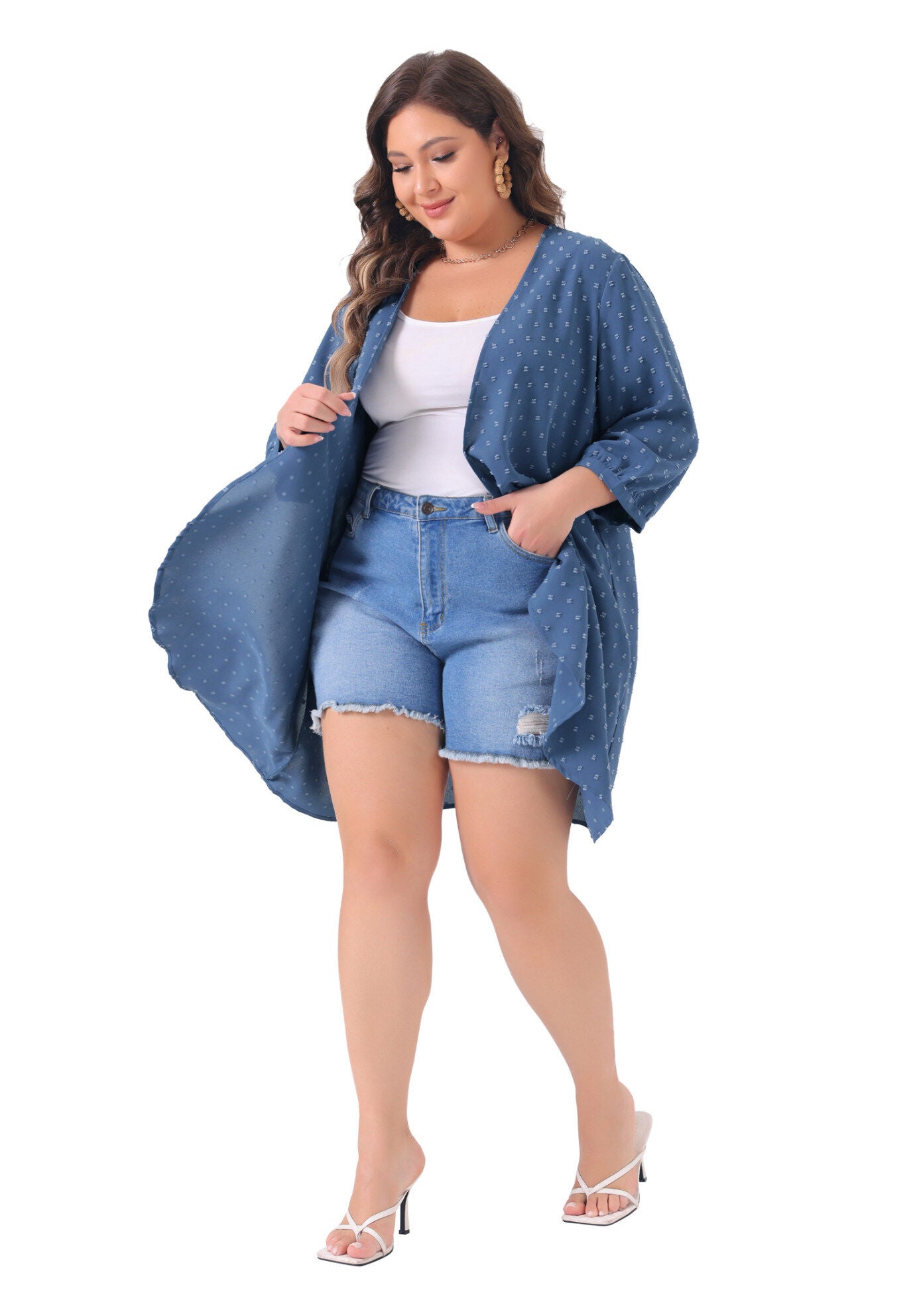 OPEN FRONT 3/4 SLEEVE SWISS DOTS LIGHTWEIGHT COVER UP CARDIGAN, Blue / Dusty Blue, hi-res image number 0