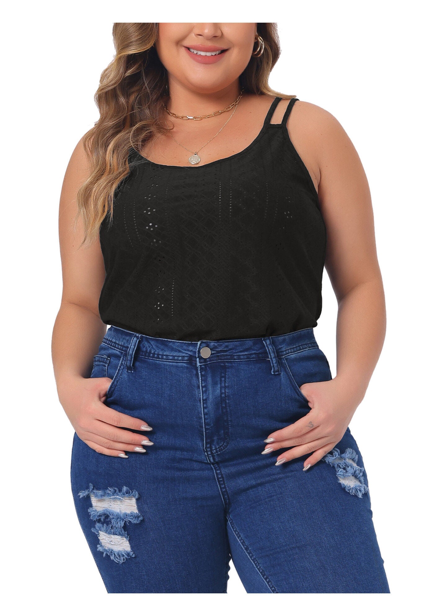 Eyelet Embroidery Sleeveless Spaghetti Strap Loose Fit Cami Tank Top, Black / Black, alternate image number 3