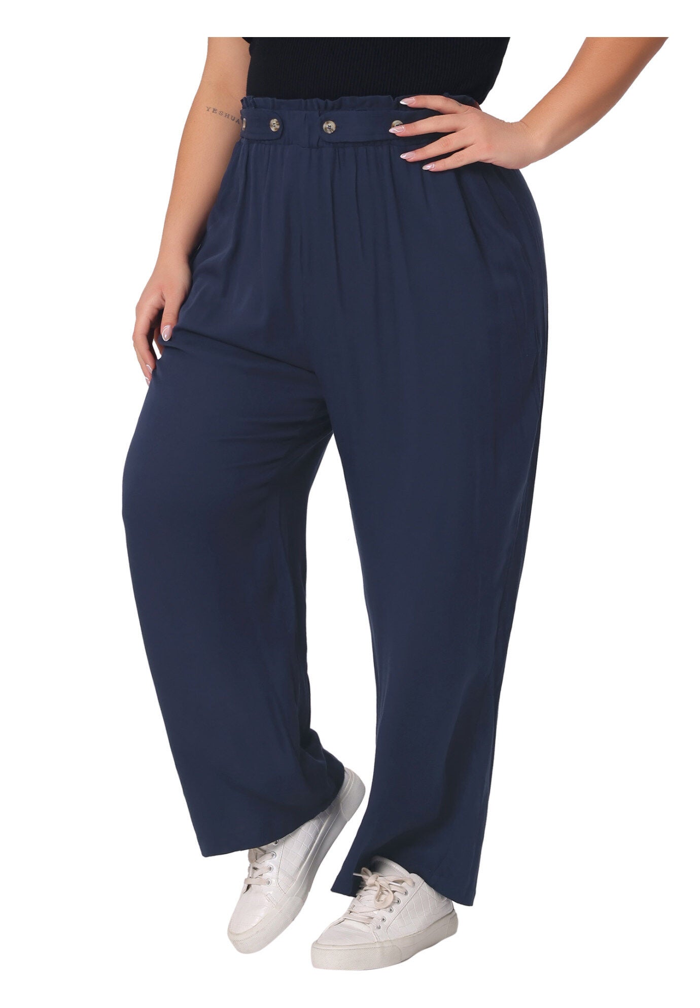 STRETCHY HIGH WAISTED WIDE LEG PALAZZO PANTS, Navy Blue / Navy, alternate image number 2