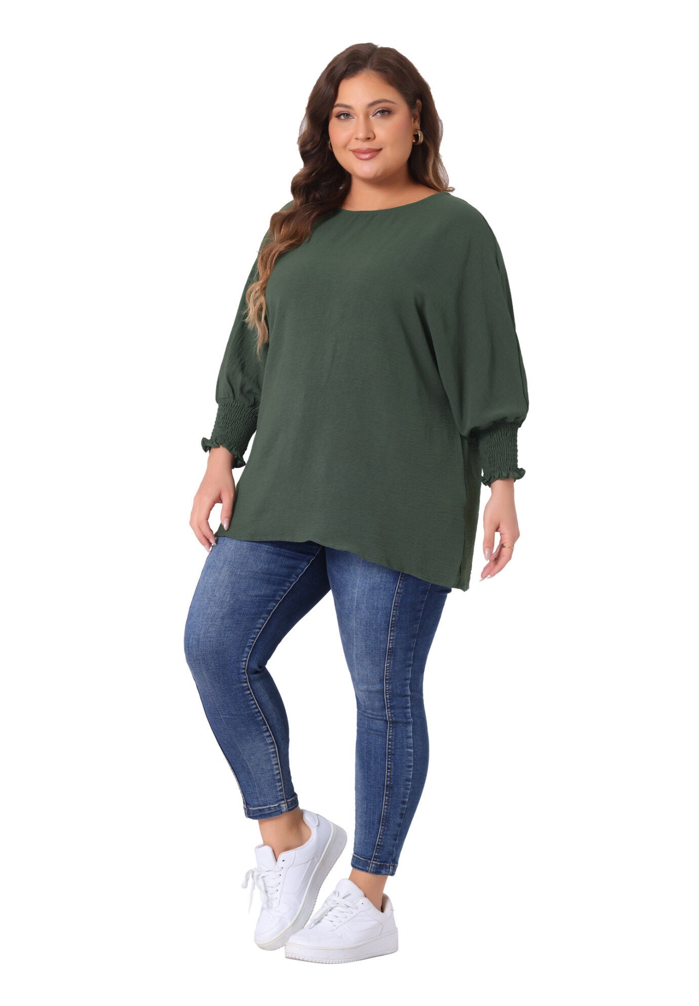Chiffon Top Batwing Ruffle Long Sleeve Loose T-Shirt Blouse, Army Green / Olive Green, hi-res image number 0