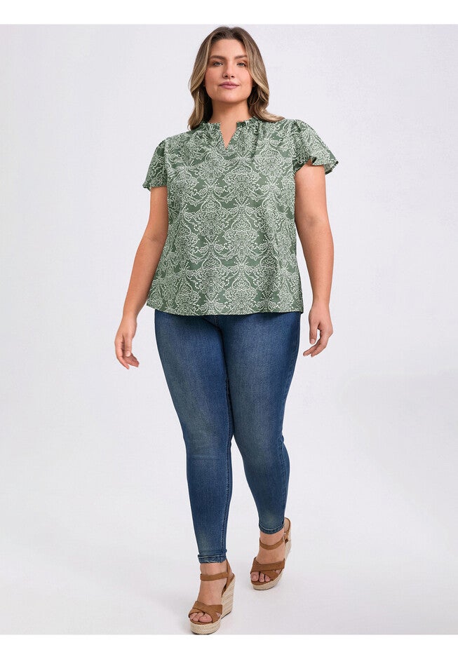 Floral Printed Ruffle V Neck Short Sleeve Popover Blouse, Gray Green / Charcoal Grey, alternate image number 1