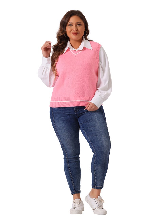 V Neck Stripe Cable Knit Pullover Sweater Vest, Pink / Pink, hi-res image number 0